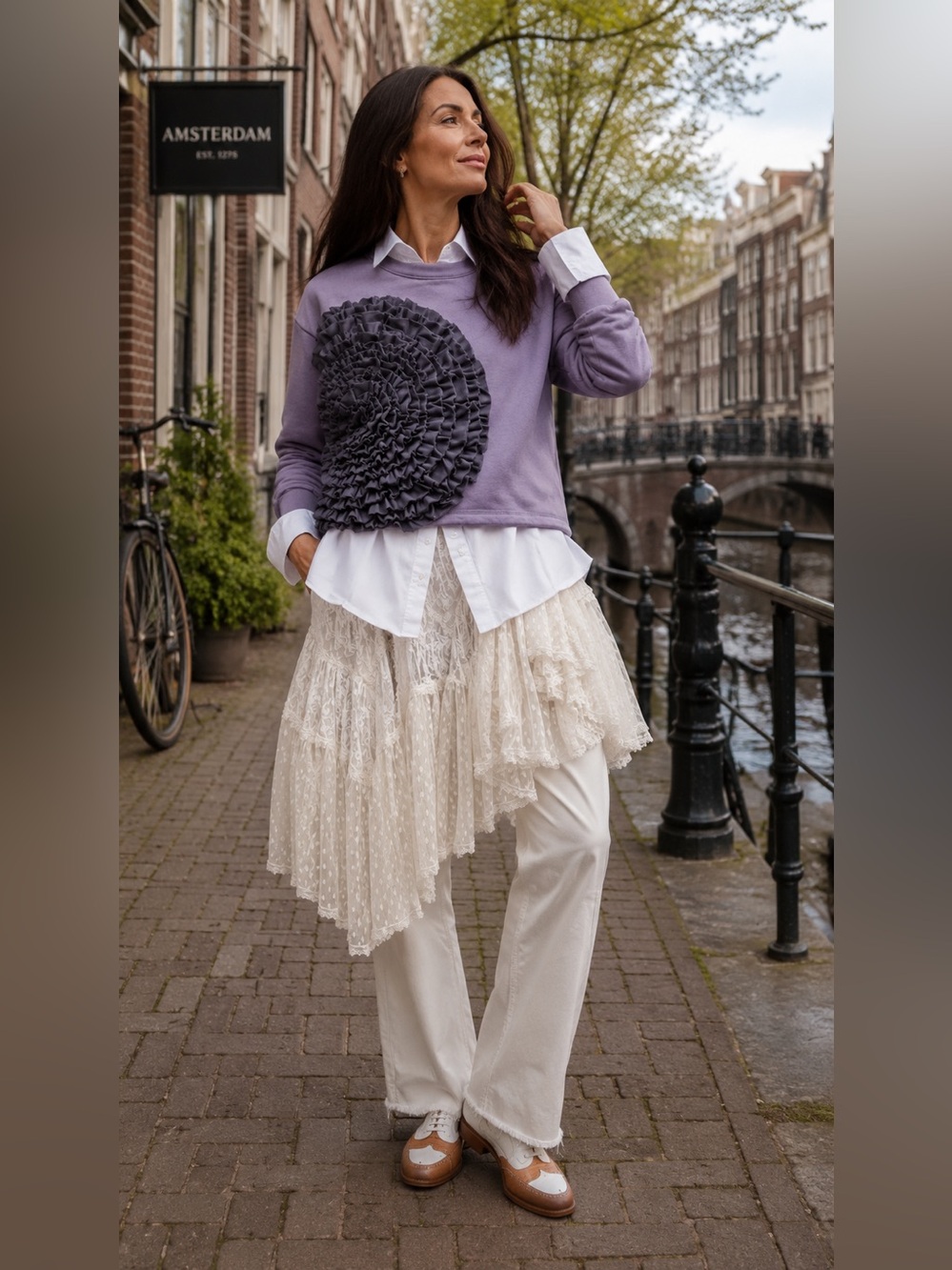 Lilac Cropped Sweatshirt with Blue Ruffle Accent